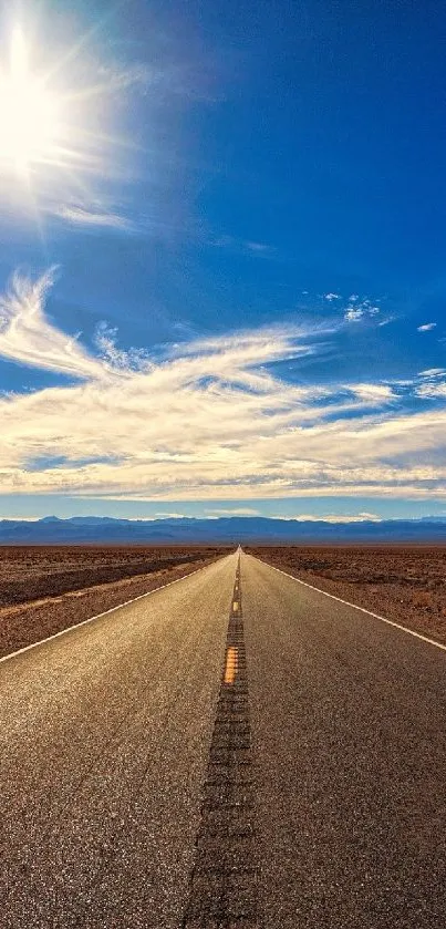 Wallpaper of an open road under a sunlit blue sky in the desert.