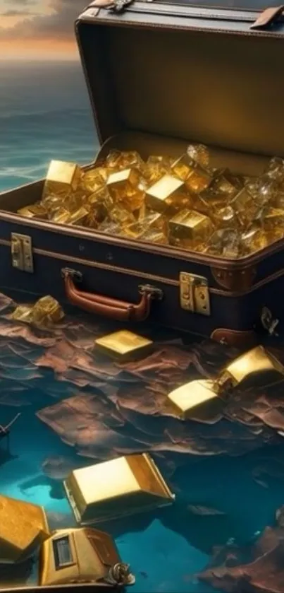 Open suitcase with gold bars on a serene surface.