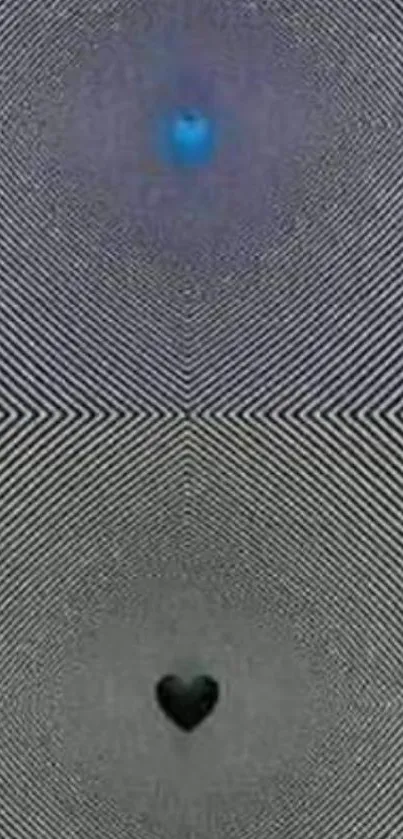 Optical illusion with blue dot and black heart on abstract lines wallpaper.