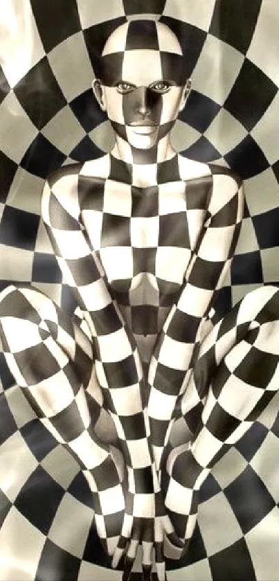 Optical illusion art with checkered pattern and human figure in black and white.