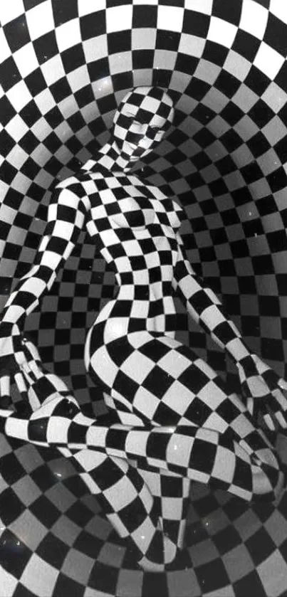 Optical illusion wallpaper with checkerboard pattern forming a humanoid shape.