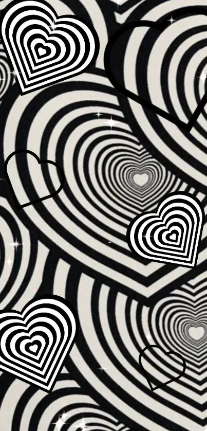 Black and white optical illusion heart wallpaper with geometric patterns.