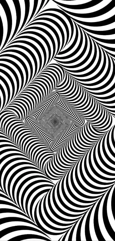 Black and white optical illusion wallpaper with swirling patterns.