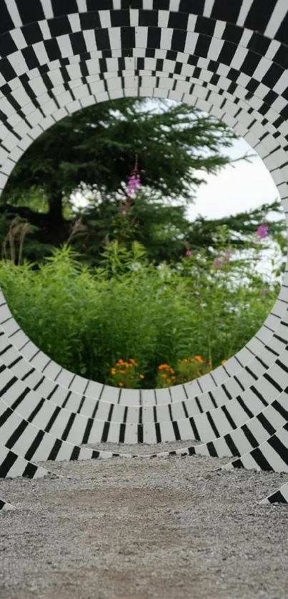 Intriguing tunnel illusion with lush green view.