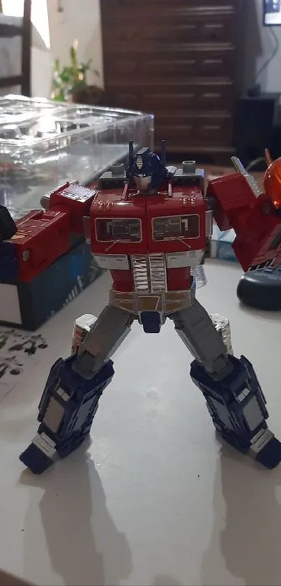 Optimus Prime action figure displayed on table.