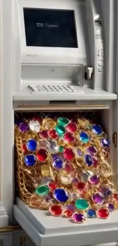 ATM overflowing with colorful jewels and gold chains.