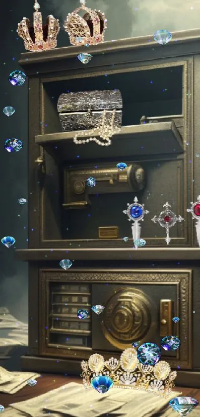 Vintage safe with crowns and jewels, elegant wallpaper.