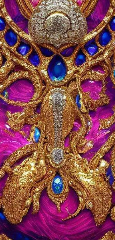 Intricate gold and blue design on vibrant purple wallpaper.