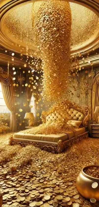 Luxurious gold-themed bedroom with cascading coins.