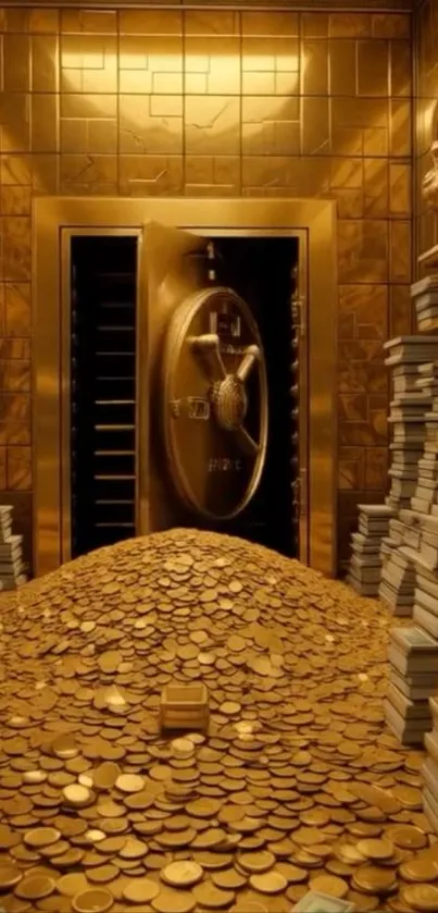 A luxurious gold vault filled with coins.