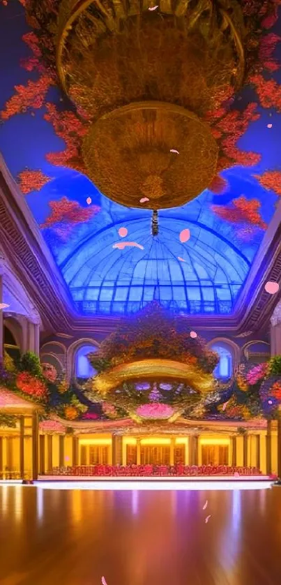 Opulent hall with blue ceiling, floral decor, and elegant lighting.