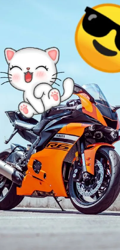 Orange motorcycle with cat and sunglasses emoji art.