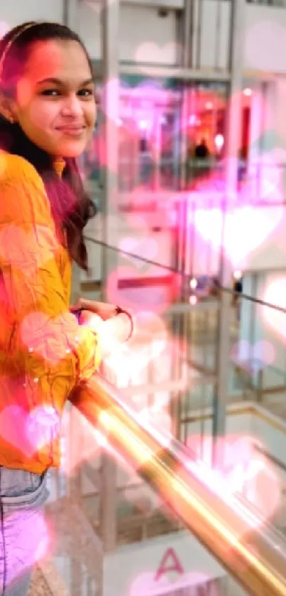 Person in orange blouse at mall railing, vibrant scene.