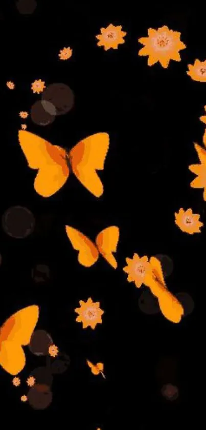 Orange butterflies and flowers on black wallpaper.