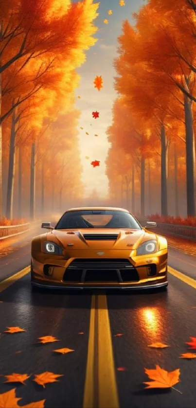 Orange sports car on fall road with vibrant autumn leaves.