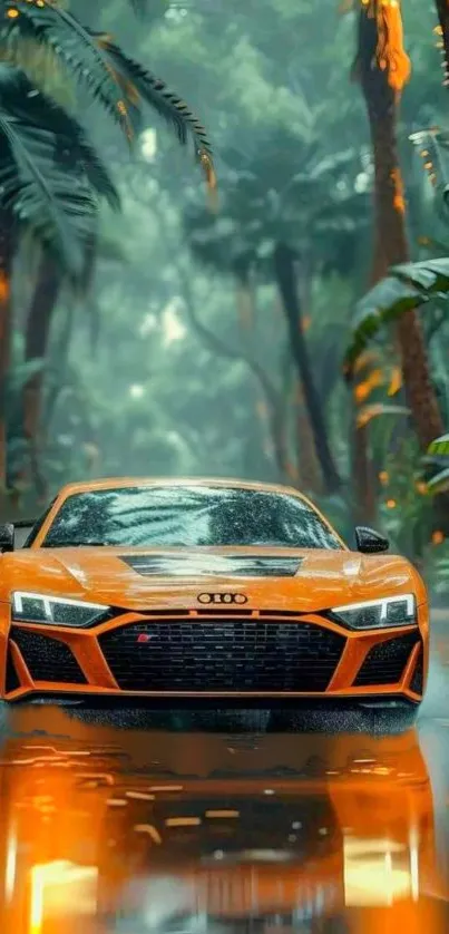 Orange car in jungle with raindrops reflecting.