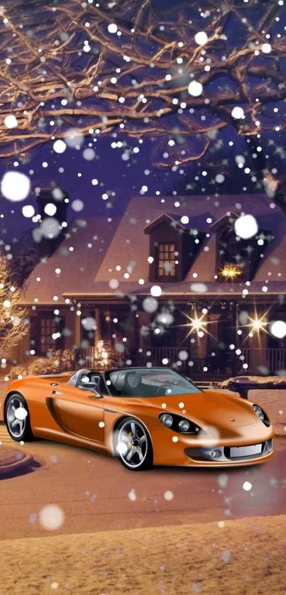 Orange sports car parked in a snowy village under a starry night sky.