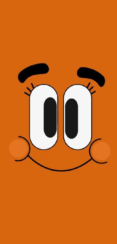 Orange cartoon face with bold smile on a vibrant background.