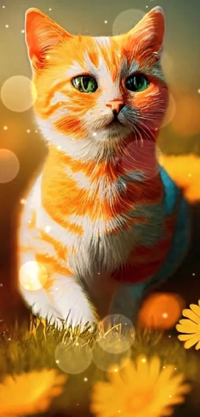 Orange cat walking through yellow flowers in a vibrant, colorful setting.