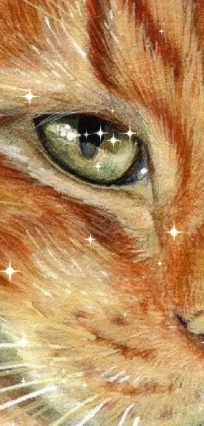 Detailed illustration of an orange cat with vivid green eyes for mobile wallpaper.