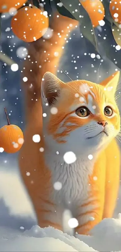 A cute orange cat stands in snow under orange tree, with vibrant winter scenery.