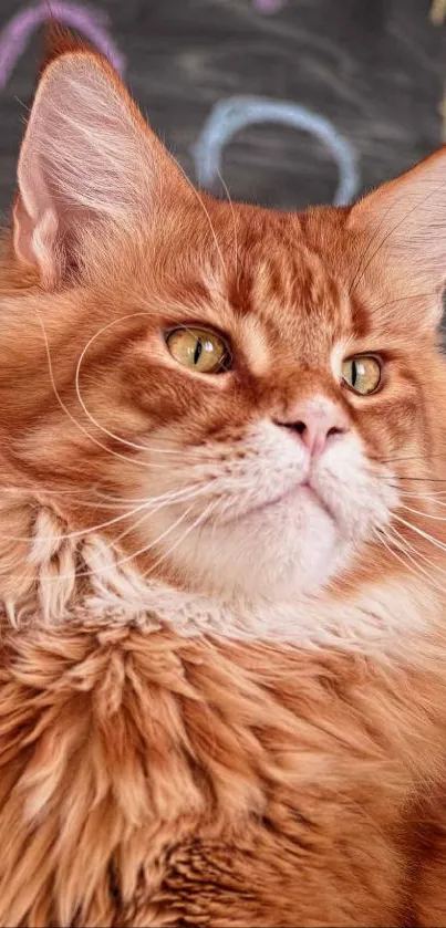 Orange fluffy cat with question mark background.