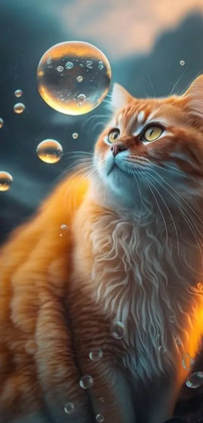 Orange cat gazing at bubbles in a fantasy-themed wallpaper.