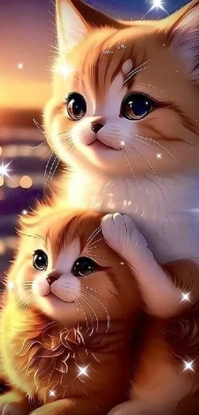 Adorable orange kittens by the beach at sunset, perfect for a mobile wallpaper.