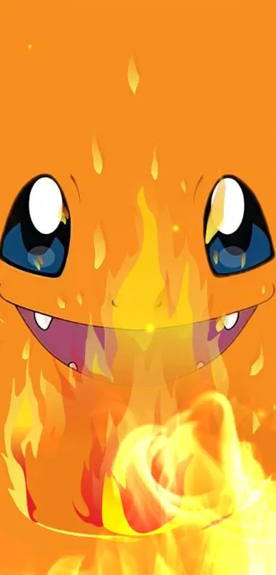 Orange character with flames and blue eyes on a vibrant background.