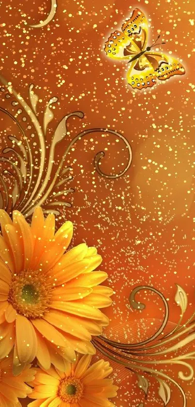 Orange floral wallpaper with butterfly and elegant swirls.