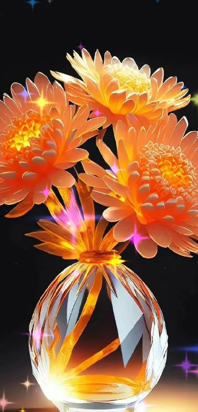 Vibrant orange flowers in a crystal vase on a black background mobile wallpaper.