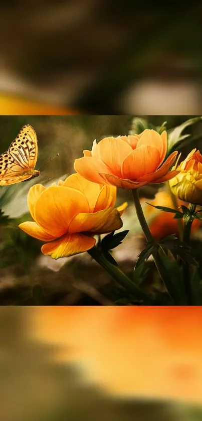 Orange flowers with a butterfly on a blurred background.