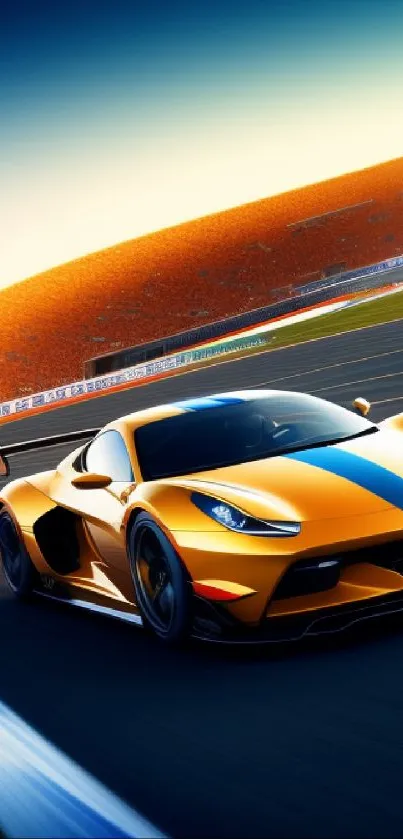 Dynamic orange sports car on a racing track at sunset.