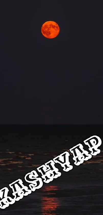 Orange moon rising over a tranquil ocean at night with 'KASHYAP' text.