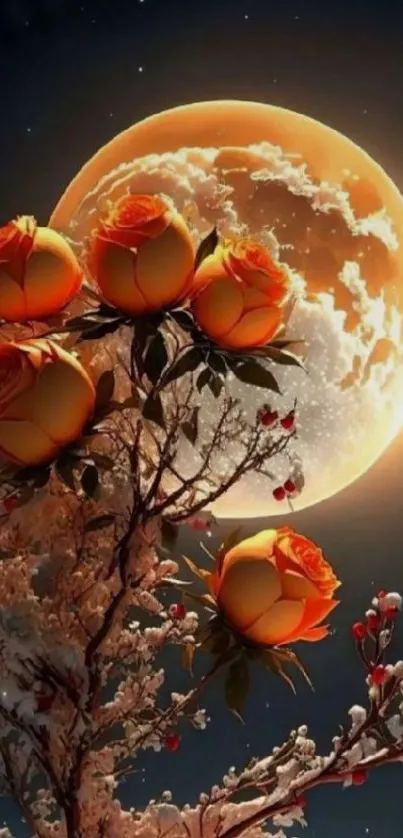 Orange roses under a bright full moon with a starry night sky.