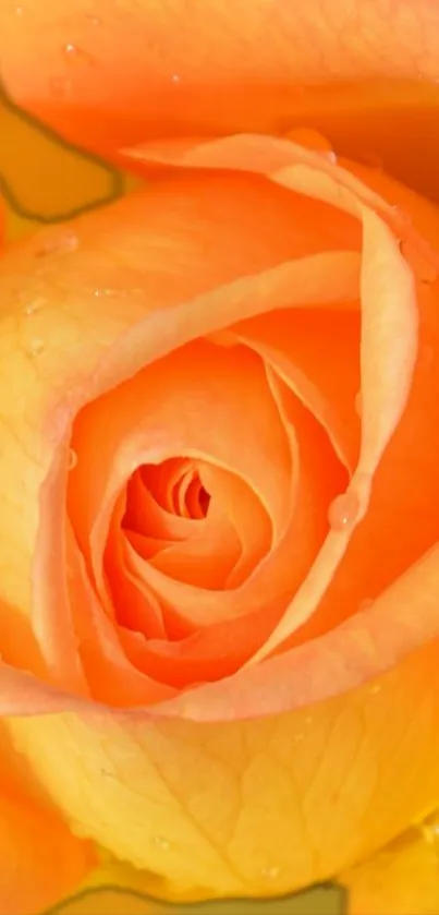 Close-up of vibrant orange rose with dew drops.