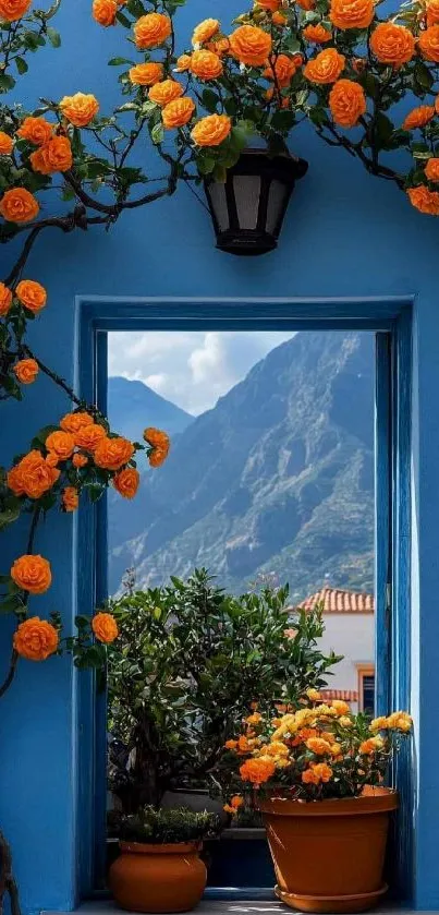 Orange roses frame a blue window with mountain view.