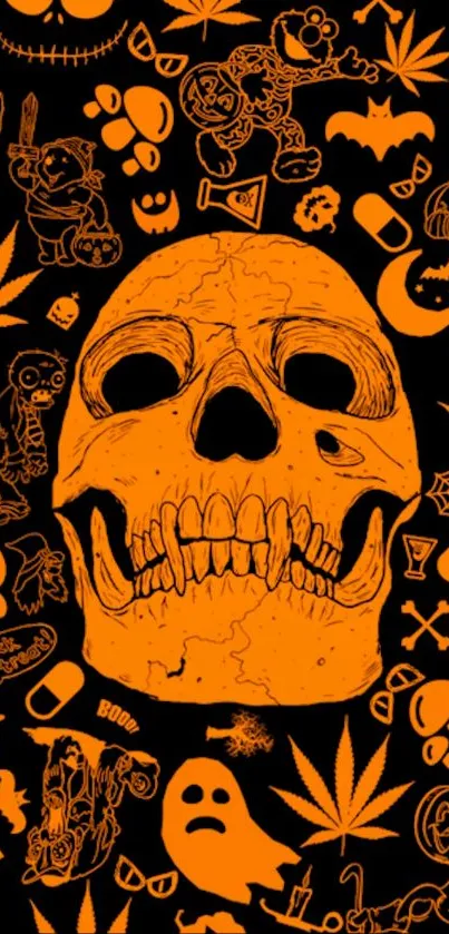 Bold orange skull with Halloween icons in a vibrant graphic style.