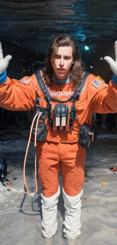 Person in orange space suit in snowy setting.