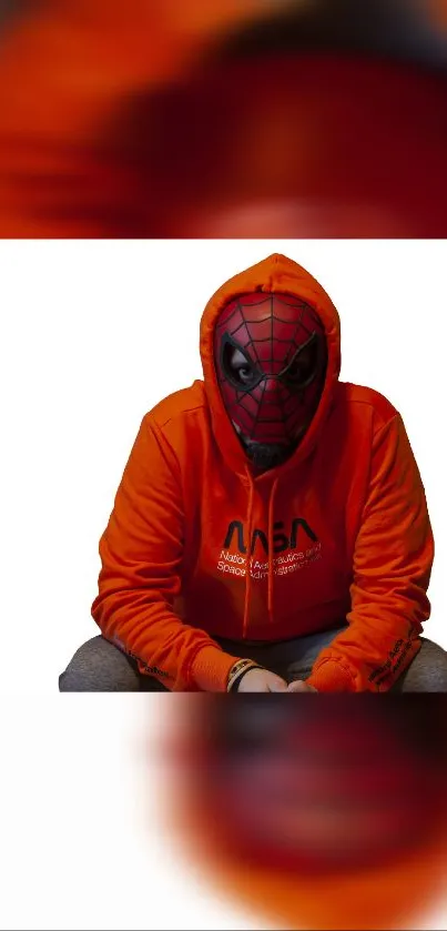 Spiderman in orange hoodie with mask, stylish wallpaper.