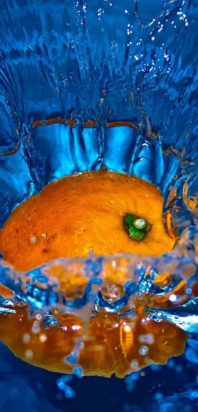 Orange fruit splashing into vivid blue water.