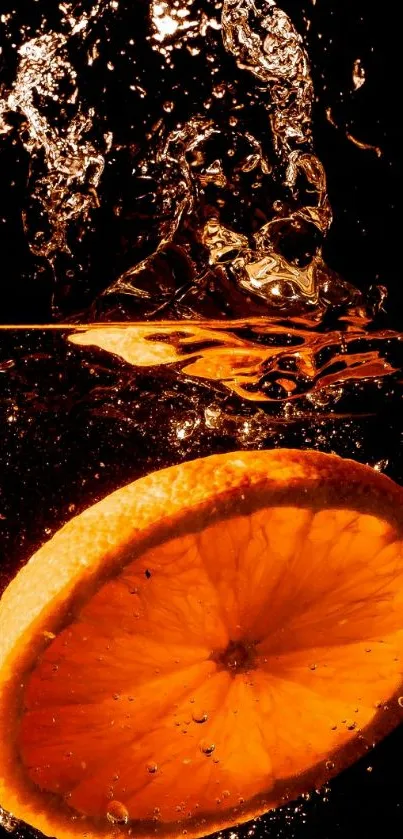 Orange slice splashing in water with dark background.