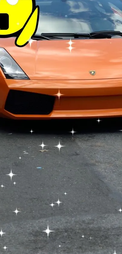 Orange sports car with sparkling effects on a mobile wallpaper.