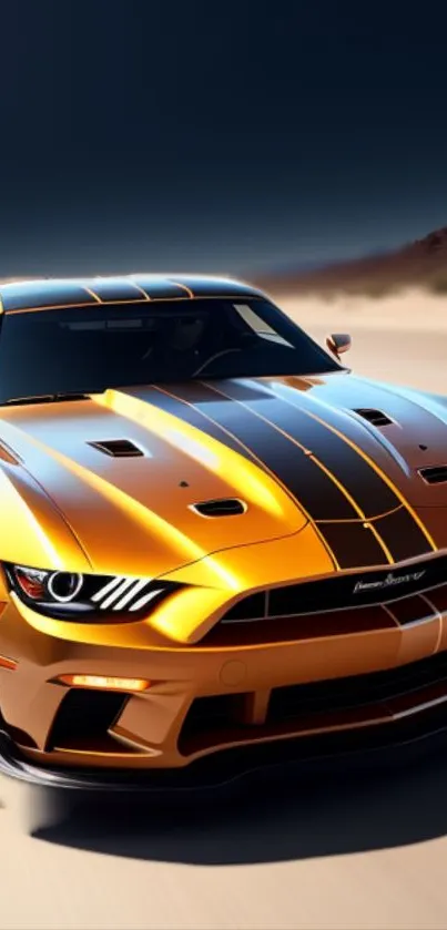 Sleek and vibrant orange sports car racing on a desert highway.