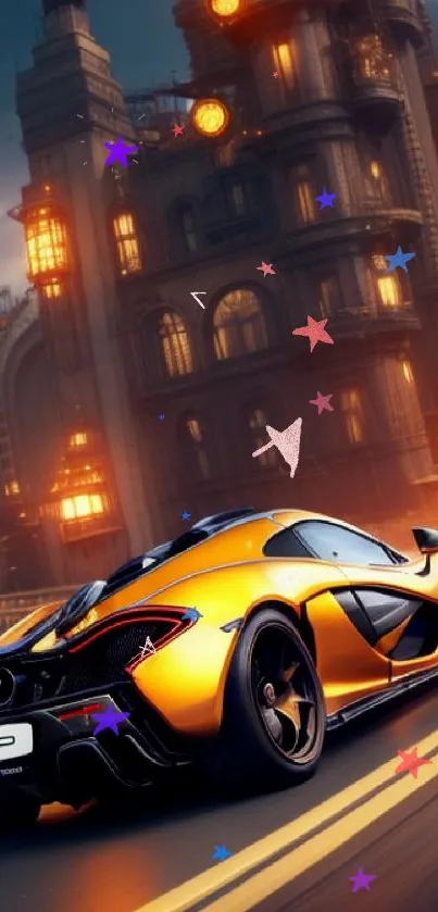 Orange supercar drives through futuristic cityscape.