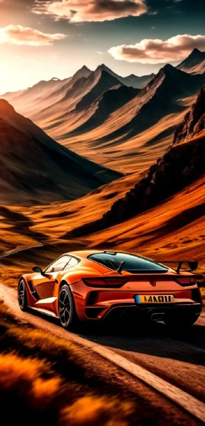 Orange supercar driving through mountains at sunset.