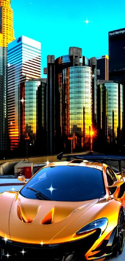 Orange supercar with city skyline backdrop reflecting sunset hues.