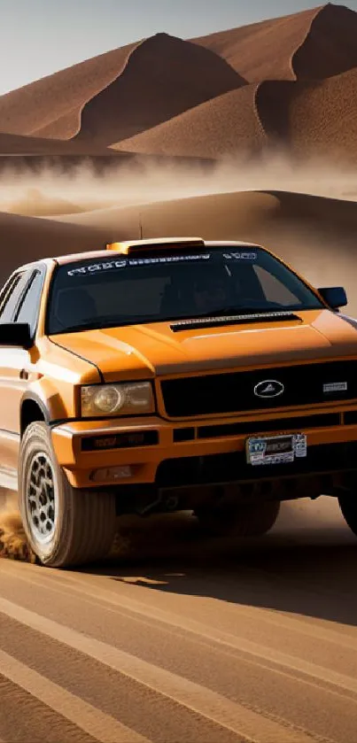 Orange SUV drives across desert dunes in dynamic wallpaper scene.