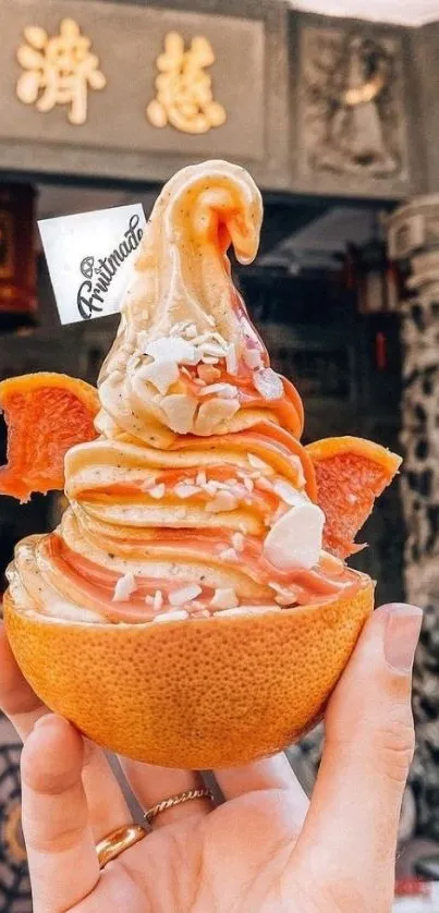 Orange swirl ice cream in orange shell with hand in exotic setting.