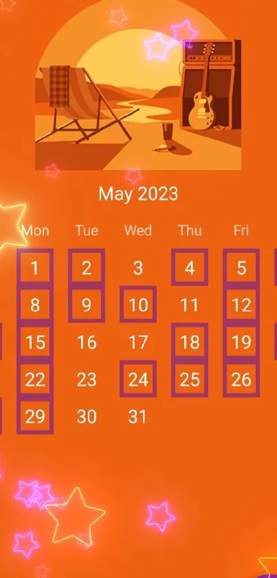 Orange May 2023 calendar wallpaper with musical theme.